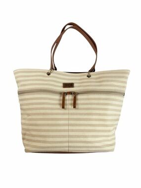 Tommy Hilfiger Beige and Cream Striped Canvas Tote Brown Handles Beach Work